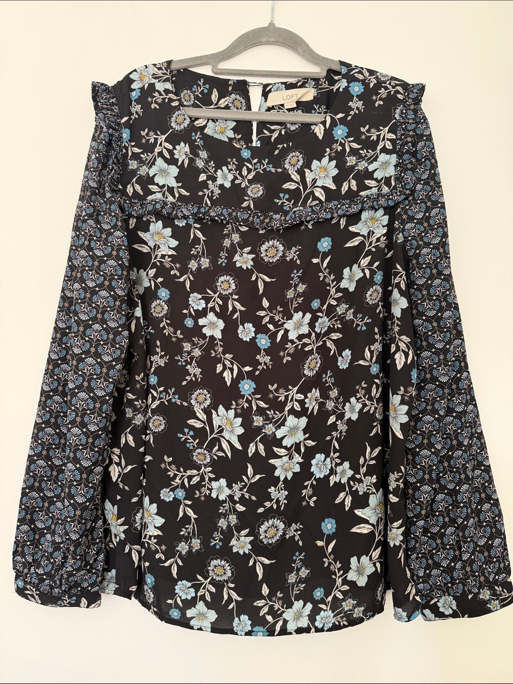 LOFT Black Floral Long-Sleeve Blouse with Blue Accents